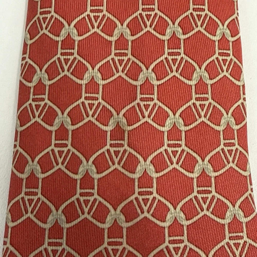 Hermes Men's Tie Geometric Chain Links Red & Khaki Silk 7075 OA 3
